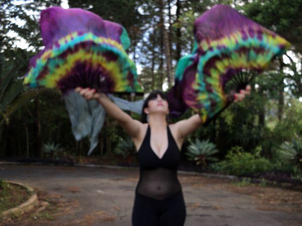 Véu Leque (Fan) de Seda para Dança do Ventre
