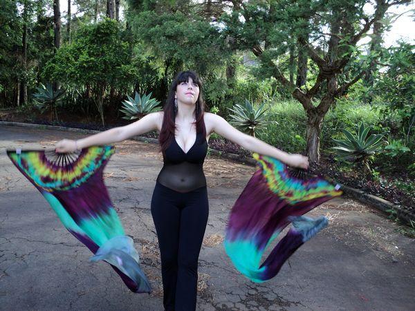 Véu Leque (Fan) de Seda para Dança do Ventre
